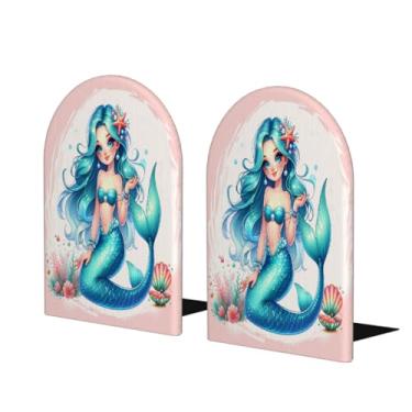 Imagem de Suporte para livros de madeira grande de sereia azul Suporte de livros decorativo antiderrapante resistente terminais de livro para mesa de escritório em casa biblioteca de estudo escolar divisórias