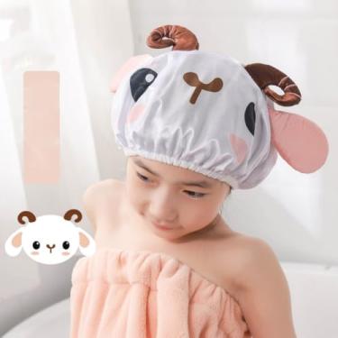 Imagem de Touca de banho infantil de camada dupla à prova d'água com estampa de animal fofo chapéu de cabelo elástico reutilizável para meninos meninas xampu banho
