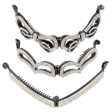 Imagem de minkissy 3 peças de grampos de cabelo banana com strass grandes suportes de rabo de cavalo dentado para mulheres presilhas de cabelo de tensão forte acessórios de cabelo elegantes para updos e uso