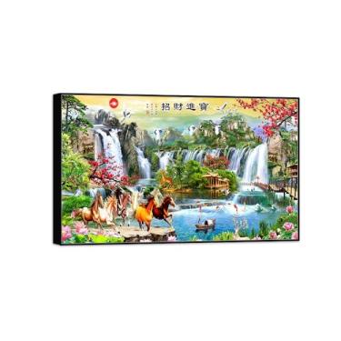 Imagem de BMZFYBS Chinoiserie Wall Art Paisagem Imagem em Tela - Cachoeira Flores Cavalo Pássaros - Pintura Chinesa - Impressões em Moldura Preta para Decoração de Casa 80 x 130 cm 31 x 51 pol