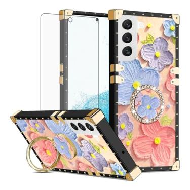 Imagem de Asuwish Capa de celular para Samsung Galaxy S22 5G capa magnética com protetor de tela de vidro temperado e pintura flor anel protetor à prova de choque suporte rígido S 22 22S 4G G5 15.5 cm feminino