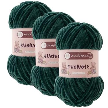 Imagem de Makromecity 3 novelos de fio de veludo 100 g (3,5 oz) / 120 m (132 jardas) fio de chenille premium 100% poliéster, ultra macio, antibolinhas, lavável na máquina, 30 cores para tricô (verde floresta, 3