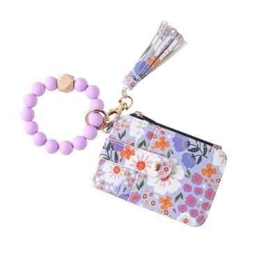Imagem de Carteira feminina Boho com contas de pulso – Porta-cartões com estampa floral com borla, pulseira de contas de silicone, porta-chaves com zíper e porta-moedas para identidade para mulheres, Lavanda