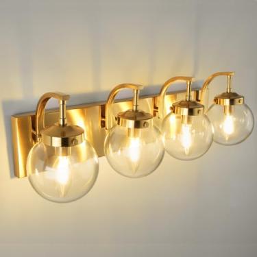 Imagem de Beionxii Luminária de banheiro com 4 luzes, 3 luminárias de banheiro douradas escovadas com sombra de vidro transparente, arandelas de parede modernas sobre espelho, sala de estar, corredor, BX-VL03BG