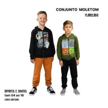 Imagem de Conjunto Moletom Juvenil Masculino Blusa e Calça Flanelado Agasalho Menino Capuz Ziper Punho 04-16-Masculino