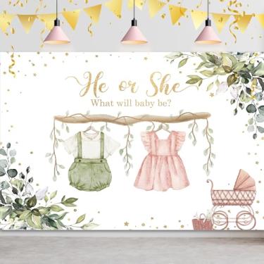 Imagem de Omifly Pano de fundo verde e rosa revelador de gênero 12,5 x 7,5 cm A para fotografia chá de bebê em aquarela eucalipto fofo ele ou ela com pontos dourados decoração de festa decoração de mesa de bolo