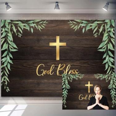 Imagem de 2,1 x 1,5 m God Bless Batismo pano de fundo marrom textura de grão de madeira verde cruz cristã fotografia fundo para chá de bebê, igreja, santuário, decoração de Páscoa, crianças, adultos, cabine de