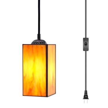 Imagem de L-Juicwe Luminária pendente Tiffany pequena lâmpada suspensa de vitral plugue ajustável de 10 cm para sala de jantar, quarto, corredor (laranja)