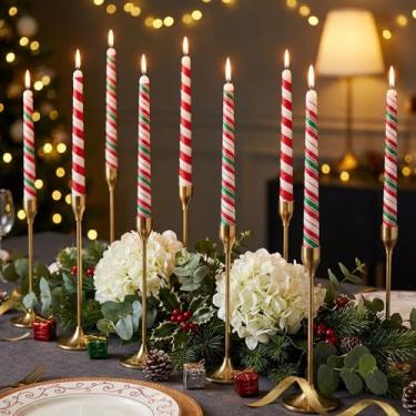 Imagem de Zhengmy Pacote com 12 velas cônicas de Natal, castiçais de Natal de 25,4 cm de altura, presentes listrados de bolinhas vermelhas e verdes para decoração de mesa de jantar de Natal (listras combinadas)