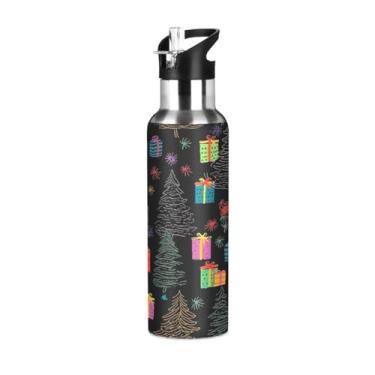 Imagem de Wassud Árvore de Natal e presentes Garrafa de água esportiva de aço inoxidável com isolamento a vácuo de 1000 ml com tampa de canudo à prova de vazamento, copo portátil para academia e viagem