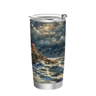 Imagem de Wassud Copo para farol de pintura a óleo de 340 g com tampa e canudo de aço inoxidável, parede dupla, copo isolado para viagem, caneca de café para bebidas frias e quentes