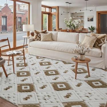 Imagem de WondRg Tapete felpudo lavável marrom e marfim 12 x 18 cm para sala de estar, quadriculado, neutro, macio, antiderrapante, durável, geométrico, boho, quarto, escritório, sala de jogos, sala de jantar