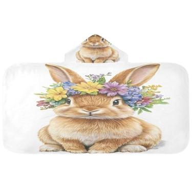 Imagem de Burbuja Toalha de banho com capuz de coelho com grinalda de flores para crianças, toalha de praia de pelúcia macia absorvente para chá de meninas e meninos 3-10 anos, 61 x 127 cm