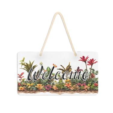 Imagem de Burbuja Placa de boas-vindas com flores tropicais para porta da frente, placa de boas-vindas de PVC para pendurar na parede varanda casa de fazenda, decoração de feriados, 15 x 28 cm