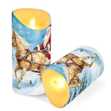 Imagem de Blueangle Pacote com 2 velas de rena de Papai Noel sem chama com controle remoto e temporizador, velas LED cintilantes (7,6 cm x 15 cm) para decoração de casa, casamento, acampamento (513)