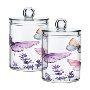 Imagem de STAYTOP 4 frascos de boticário de lavanda e borboleta Qtip para banheiro com etiquetas - Recipiente de armazenamento Qtip de plástico transparente para bola de algodão, cotonete, grão de café