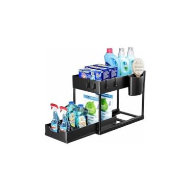 Imagem de Organizador Multiuso 2 Níveis com Bandeja Corrediça, Metal com Pintura Eletrostática, Preto, 40x35x22 cm, para Banheiro e Cozinha