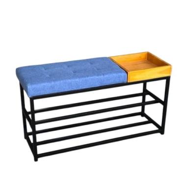 Imagem de Sapateira Com Banco Macio 90cm Estilo Industrial Com Porta Objetos 10 Pares sapateira hall de entrada para Entrada, Quarto ou Varanda(Estrutura Preta/Assento Azul)
