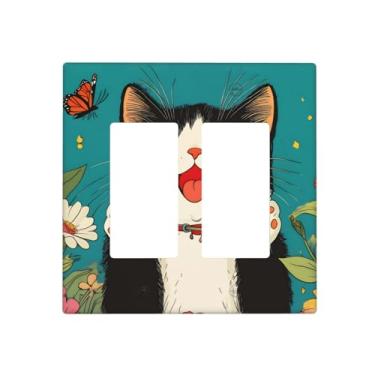 Imagem de Indokyeyqaz Placa decorativa para interruptor de luz dupla borboleta de gato fofo, placas de parede decorativas, 2 placas de interruptor e capas de tomada 11,7 x 11,4 cm para quarto, banheiro, cozinha