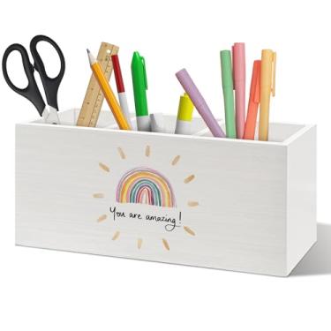 Imagem de ANIANG Organizador de canetas inspirador boêmio, arco-íris, decoração de mesa, decoração de sala de aula, motivacional, você é incrível, porta-lápis de madeira para quarto de crianças, sala de jogos