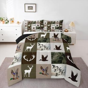 Imagem de Feelyou Jogo de cama solteiro com estampa de veado, camuflagem de pato e caça, verde e vida selvagem, com 1 edredom e 1 fronha