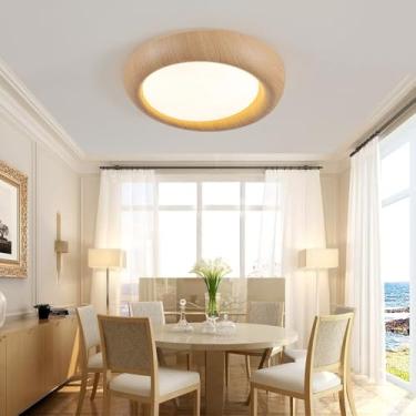 Imagem de Luminária de teto estilo rústico, LED dimerizável, cor madeira, cúpula de acrílico, formato clássico retrô, ideal para quarto, sala de jantar, sótão, corredor, estilo wabi-sabi (cor madeira)