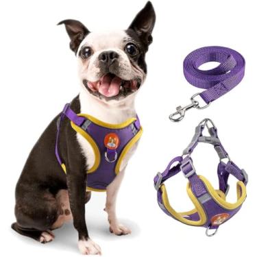 Imagem de Coleira Peitoral com Guia para Cães e Gatos – Peitoral Ajustável Respirável com Faixa Reflexiva para Passeios Seguros(Roxo,S (2-3Kg))