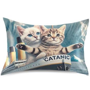 Imagem de Capa de almofada de cetim com estampa floral de gatinho fofo com estampa de gatos, capas de travesseiro padrão King Queen, tamanho Queen, 76 cm x 50 cm