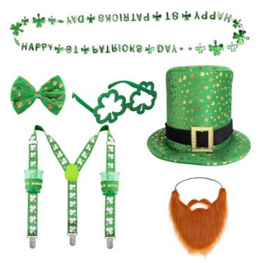 Imagem de JFBNXB Fantasia de duende, conjunto de acessórios do dia de São Patrício para adultos, inclui chapéu, gravata borboleta, óculos, barba, colar, suspensórios, perfeito para o Dia de São Patrício e