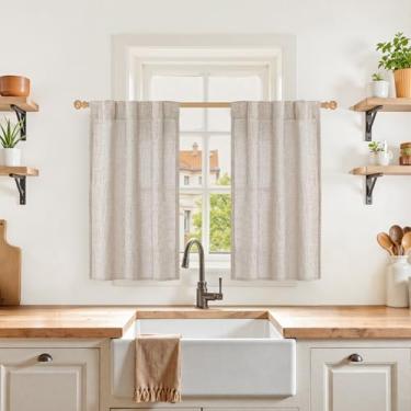 Imagem de YoungsTex Cortinas pequenas de linho para café 91 cm de comprimento, meia cortina natural com bolso para varão na parte traseira semitransparente para banheiro cozinha janela sobre pia, 2 painéis, 61