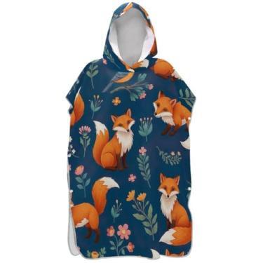 Imagem de Joisal Roupão para troca de poncho de surfe azul floral fofo raposa para adultos plus size unissex adulto com capuz toalhas de banho de praia com capuz