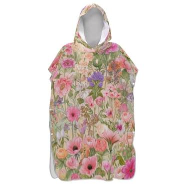 Imagem de TSENQUE Poncho de surfe de flores em aquarela para adulto, roupão absorvente masculino com capuz, toalha de natação