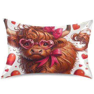Imagem de Lindas capas de almofada de cetim de vaca Highland para dia dos namorados, padrão Queen King, estampa animal, capa de almofada macia para cama, tamanho Queen, 76,2 cm x 50,8 cm