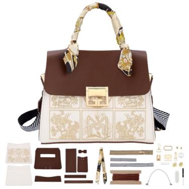 Imagem de WEBEEDY Bolsa tiracolo de couro PU DIY com instruções, bolsa de ombro de crochê DIY para fazer material para mulheres, aniversário, Natal, presente feito à mão, 27 x 22 x 12 cm (marrom + branco)