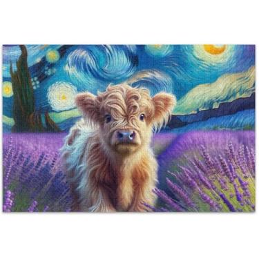 Imagem de Quebra-cabeça lavanda noite estrelada vaca adultos 1000 peças amigos família presentes divertido quebra-cabeça animal arte impressão, 75 x 40 centímetros
