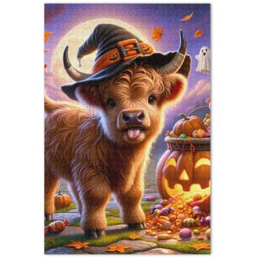 Imagem de Quebra-cabeça personalizado fofo de vaca highland halloween abóbora adulto 1000 peças quebra-cabeça elefante branco paisagem arte decoração de casa, 75 x 40 centímetros