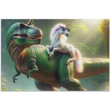 Imagem de Quebra-cabeças engraçados de unicórnio dinossauro 500 peças para presentes adultos para jogo de elefante branco divertido quebra-cabeça animal arte colorida, 50 x 35 centímetros