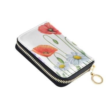 Imagem de Carteiras pequenas para mulheres, porta-cartões, carteira masculina de couro com bloqueio de RFID, bolso para moedas, aquarela, flores vermelhas, floral