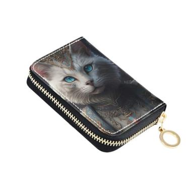 Imagem de Carteira feminina com zíper e bloqueio de RFID, porta-cartão de crédito, pequena carteira de viagem com zíper, retrato de gato branco real legal