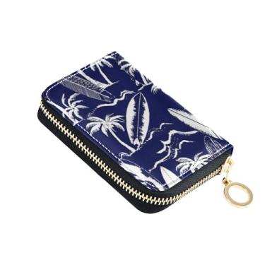 Imagem de Carteira pequena feminina de couro com zíper e bloqueio de RFID, com chaveiro, pranchas, palmeiras, azul marinho
