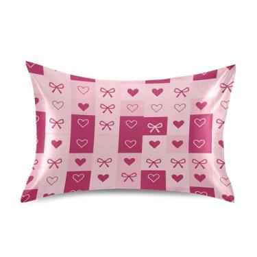 Imagem de Wassud Fronha de cetim com estampa xadrez de coração e laço para cabelo e pele fronhas de seda lisa tamanho padrão capas de travesseiro respiráveis com fecho de envelope