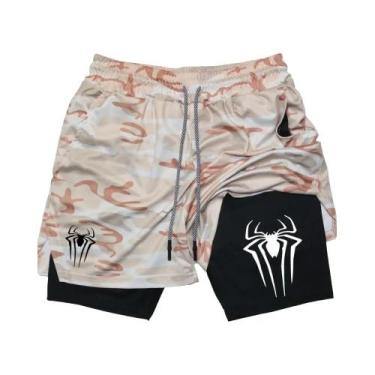 Imagem de Shorts Esportivos Masculinos Com Estampa De Aranha, Compressão 2 Em 1,