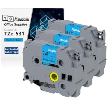 Imagem de Msudoku Fita Laminada Preta Sobre Azul de 12 Mm 0,47 Compatível com Brother P Touch Label Maker Tape Tze-531 Tze531 Tze Tz Tape para Pt D200 D210 D220 D400 Cube, 1/2" X 26,2 Pés, Pacote com 3 Unidades
