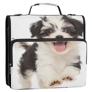 Imagem de Fichário Happy Black White Havanês com 3 anéis de 3 anéis com zíper resistente com alça de ombro para portfólio escolar com suporte de 500 folhas
