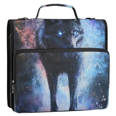 Imagem de Fichários com 3 anéis de 3,5 cm, anel D, lobo, pintura a óleo, animal, fichário, zíper com alça, bolsa escolar grande, portfólio e estojo, suporte de pasta de anel
