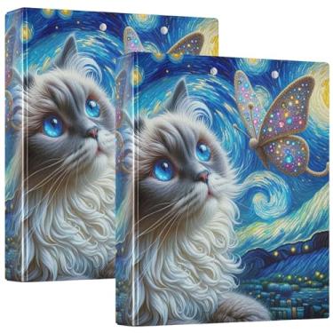 Imagem de Fichário Ragdoll Cat Noite estrelada com 3 anéis de 3 cm comporta 200 folhas, 3 pastas de anéis, fichários de escritório de anel redondo, 31,5 x 27 x 6 cm, pacote com 2