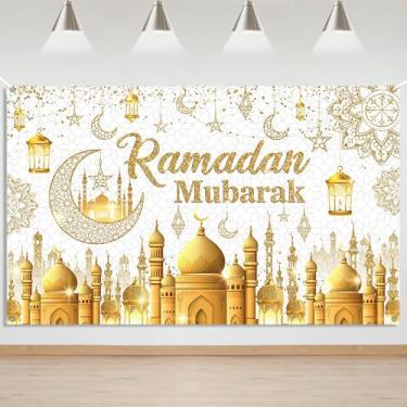 Imagem de Mocsicka Ramadan Mubarak Pano de fundo de ouro branco Eid Mubarak Decorações de pano de fundo Eid Al-Fitr Ramadan Kareem para parede, porta, quintal, placa externa (1,8 x 1,1 m)