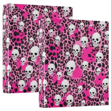 Imagem de Fichários de 3 anéis personalizados com estampa de leopardo, crânios, salpicos rosa, 3 polegadas, comporta 200 folhas, pastas, anel redondo, fichário de escritório, 31,5 x 27 x 6 cm, pacote com 2