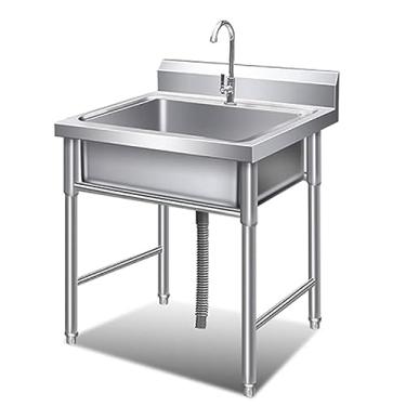 Imagem de Conjunto de pia de cozinha comercial com 1 compartimento, pia utilitária independente de aço inoxidável, pia interna e externa única com torneira de resfriamento única para lavanderia, garagem