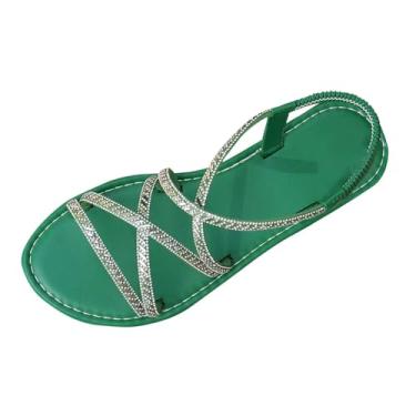 Imagem de Sandálias femininas modernas, casuais, versáteis, cor sólida, strass, férias, primavera e verão, moda praia confortável, Verde, 36